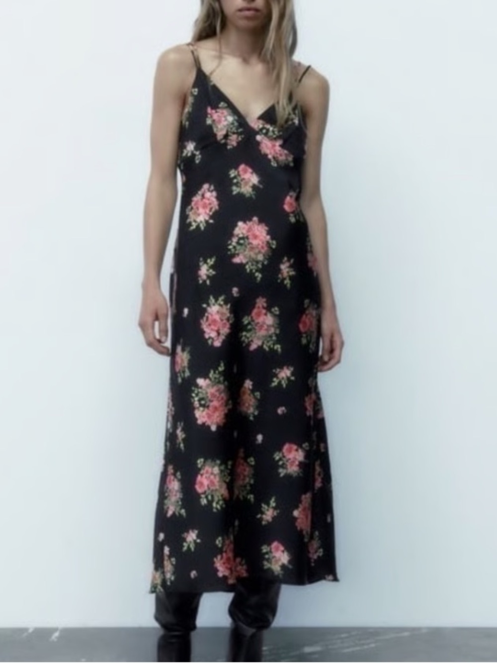 Zara Floral Midi Slip Dress Black Size Medium